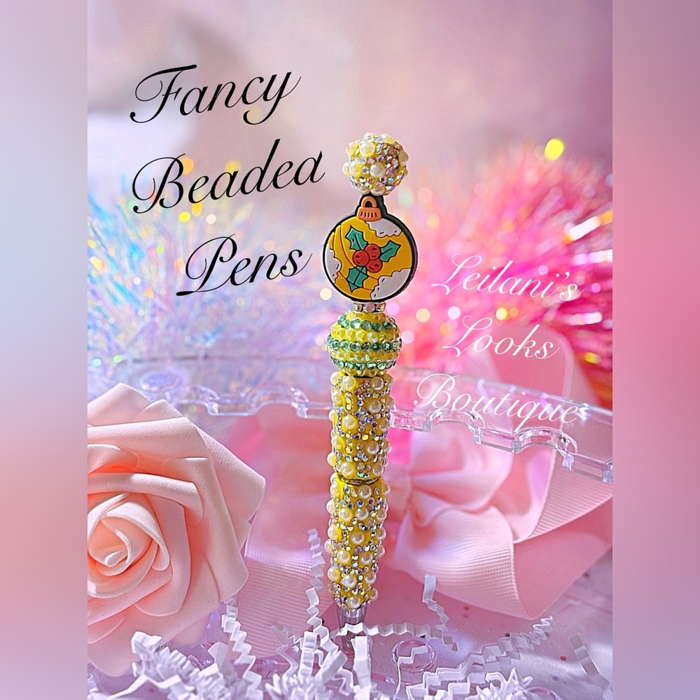 Fancy Christmas beaded pen/yellow ornament/holiday season/gifts/yellow beads